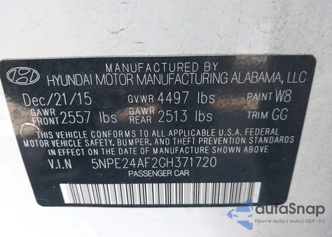 2016 Hyundai Sonata Se z USA, uszkodzony, nr VIN 5NPE24AF2GH371720